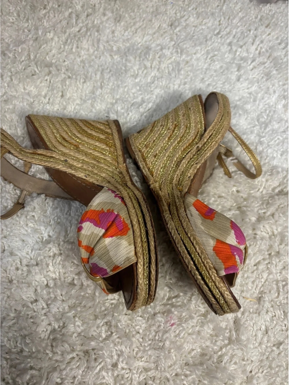 Kate Spade Floral Espadrille Wedge Sandals Gold Rope Ankle Strap Size 8.5